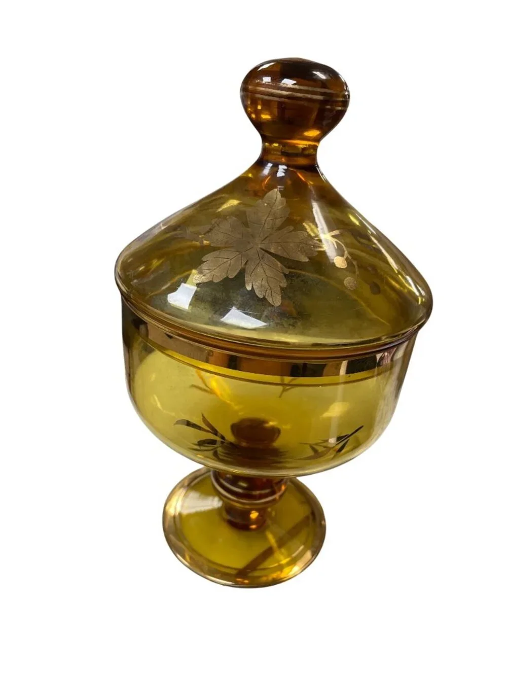 Romanian Vintage amber glass gold leaf pedestal candy dish SKU 140-814